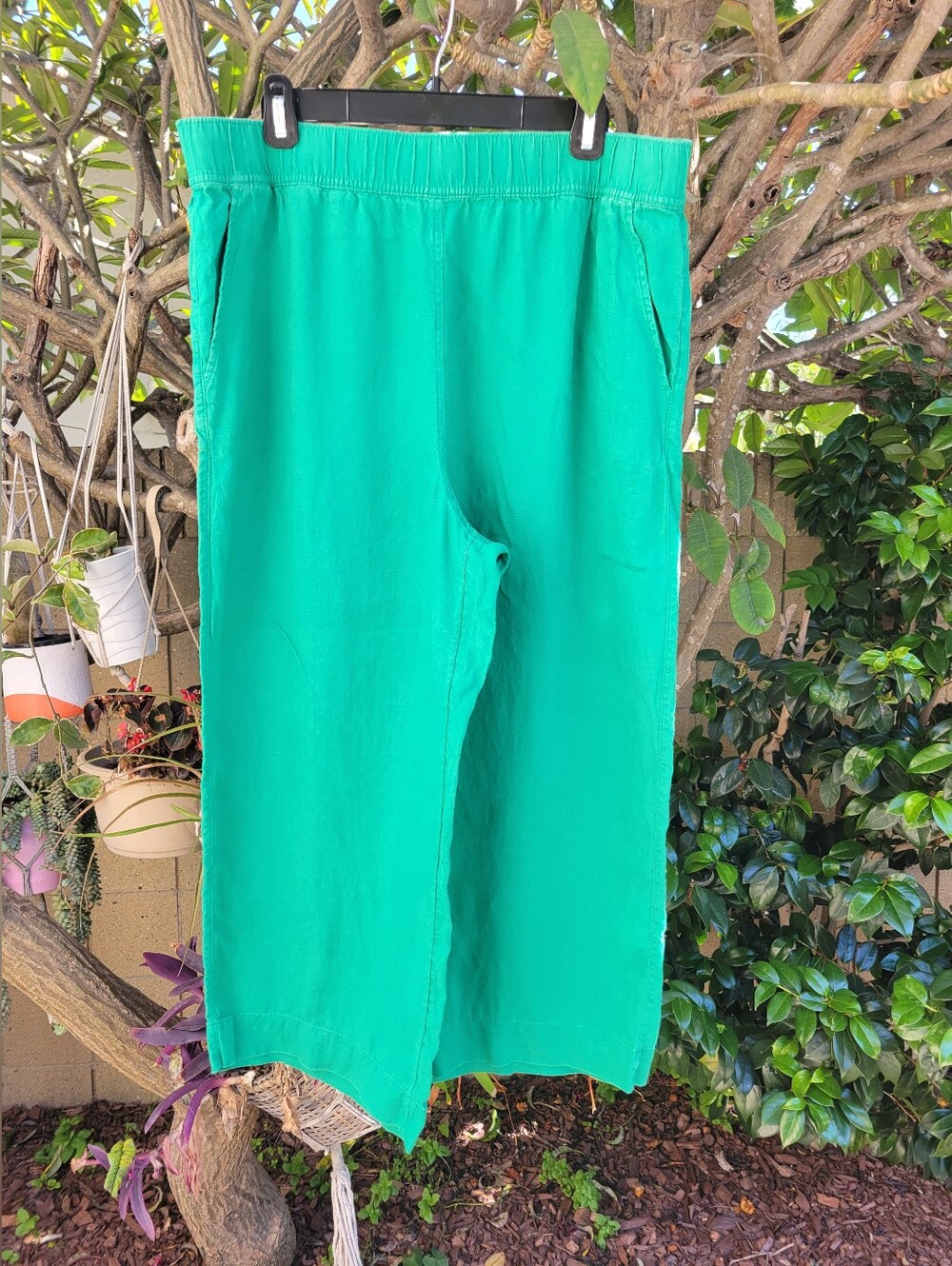 Tahari Kelly Green 100% European Linen Cropped Wide Leg Pants W/Pockets Size XL